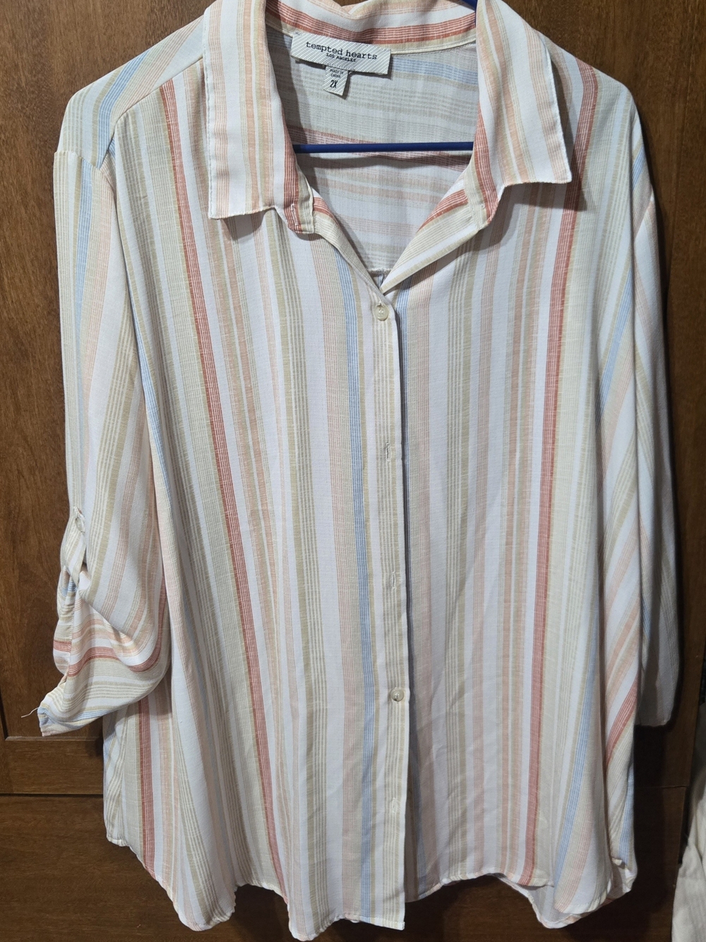 Tempted Hearts Striped Pastel Button-Up Shirt - Blue, Pink, Cream, Tan